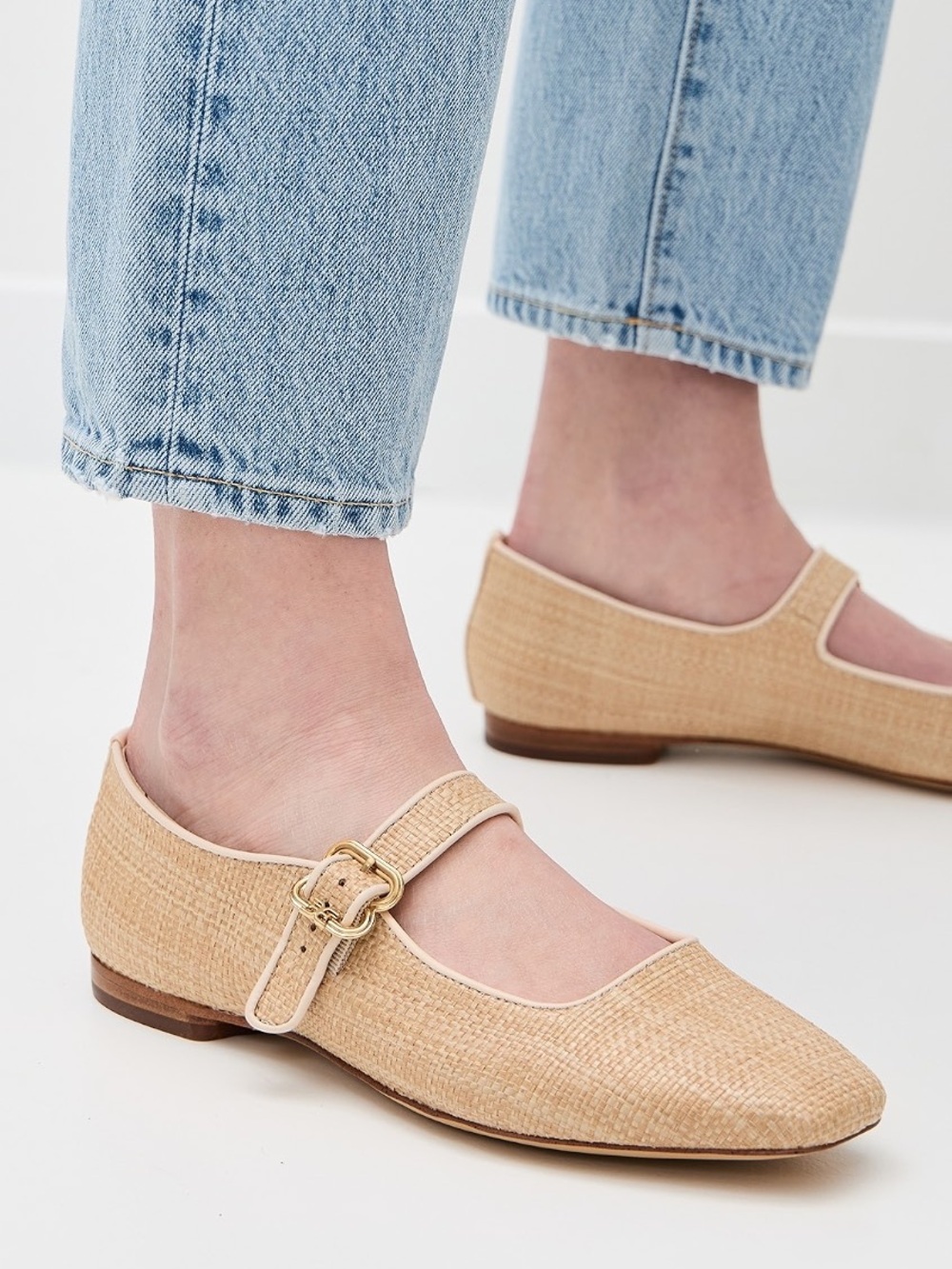 SAM EDELMAN Michaela Beige Woven Mary Jane Ballet Flats Square Toe Buckle Strap